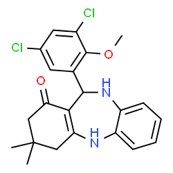 ChemSpider 2D Image | 11-(3,5-Dichloro-2-methoxyphenyl)-3,3-dimethyl-2,3,4,5,10,11-hexahydro-1H-dibenzo[b,e][1,4]diazepin-1-one | C22H22Cl2N2O2