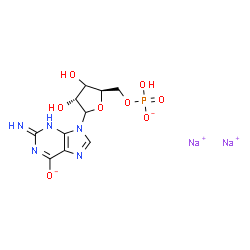 ChemSpider 2D Image | Disodium 2-amino-9-[(3xi)-5-O-(hydroxyphosphinato)-D-erythro-pentofuranosyl]-9H-purin-6-olate | C10H12N5Na2O8P