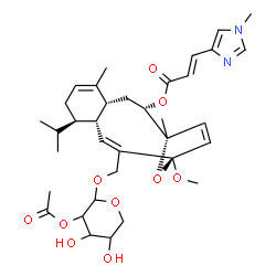ChemSpider 2D Image | (1S,2S,4R,8R,9S,10Z,12R)-11-{[(2-O-Acetylpentopyranosyl)oxy]methyl}-8-isopropyl-12-methoxy-1,5-dimethyl-15-oxatricyclo[10.2.1.0~4,9~]pentadeca-5,10,13-trien-2-yl (2E)-3-(1-methyl-1H-imidazol-4-yl)acrylate | C35H48N2O10