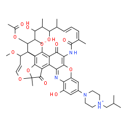 ChemSpider 2D Image | (9E,19E,21Z)-13-Acetoxy-15,17,32-trihydroxy-30-(4-isobutylpiperazin-4-ium-1-yl)-11-methoxy-3,7,12,14,16,18,22-heptamethyl-6,23,37-trioxo-8,27,38-trioxa-24,34-diazahexacyclo[23.11.1.1~4,7~.0~5,36~.0~26
,35~.0~28,33~]octatriaconta-1(36),2,4,9,19,21,25,28,30,32,34-undecaen-2-olate | C51H64N4O13