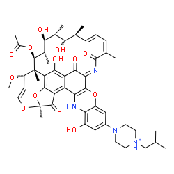 ChemSpider 2D Image | 4-[(7S,9E,11S,12S,13S,14S,15S,16R,17S,18S,19E,21Z,24Z)-13-Acetoxy-2,15,17,32-tetrahydroxy-11-methoxy-3,7,12,14,16,18,22-heptamethyl-6,23,37-trioxo-8,27,38-trioxa-24,34-diazahexacyclo[23.11.1.1~4,7~.0~
5,36~.0~26,35~.0~28,33~]octatriaconta-1(36),2,4,9,19,21,24,26(35),28,30,32-undecaen-30-yl]-1-isobutylpiperazin-1-ium | C51H65N4O13