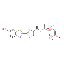 ChemSpider 2D Image | 1-(4,5-Dimethoxy-2-nitrophenyl)ethyl 2-(6-hydroxy-1,3-benzothiazol-2-yl)-4,5-dihydro-1,3-thiazole-4-carboxylate | C21H19N3O7S2
