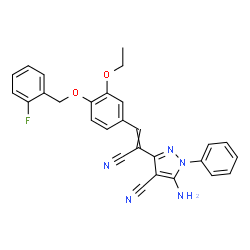 ChemSpider 2D Image | 5-Amino-3-(1-cyano-2-{3-ethoxy-4-[(2-fluorobenzyl)oxy]phenyl}vinyl)-1-phenyl-1H-pyrazole-4-carbonitrile | C28H22FN5O2