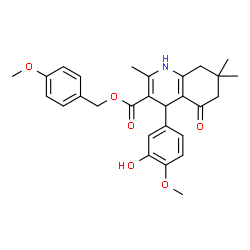 ChemSpider 2D Image | 4-Methoxybenzyl 4-(3-hydroxy-4-methoxyphenyl)-2,7,7-trimethyl-5-oxo-1,4,5,6,7,8-hexahydro-3-quinolinecarboxylate | C28H31NO6