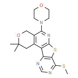 ChemSpider 2D Image | 2,2-Dimethyl-8-(methylsulfanyl)-5-(4-morpholinyl)-1,4-dihydro-2H-pyrano[4'',3'':4',5']pyrido[3',2':4,5]thieno[3,2-d]pyrimidine | C19H22N4O2S2