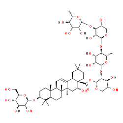 ChemSpider 2D Image | 6-Deoxy-beta-L-mannopyranosyl-(1->3)-beta-D-xylopyranosyl-(1->4)-6-deoxy-beta-L-mannopyranosyl-(1->2)-1-O-[(3beta,16alpha,18alpha)-3-(beta-D-glucopyranosyloxy)-16-hydroxy-28-oxoolean-12-en-28-yl]-alph
a-D-xylopyranose | C58H94O25