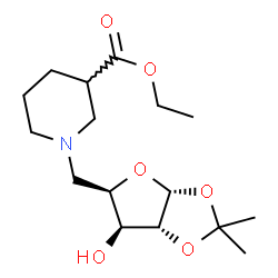 ChemSpider 2D Image | 5-Deoxy-5-[3-(ethoxycarbonyl)-1-piperidinyl]-1,2-O-isopropylidene-alpha-D-xylofuranose | C16H27NO6