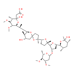 ChemSpider 2D Image | [(2R,3S,4S,5R,6S)-6-{1-[(2S,5R,7S,8R,9S)-2-{(2S,2'R,3'S,5R,5'R)-3'-{[(2R,4S,5S,6S)-4,5-Dimethoxy-6-methyltetrahydro-2H-pyran-2-yl]oxy}-5'-[(2S,3S,5R,6S)-6-hydroxy-3,5,6-trimethyltetrahydro-2H-pyran-2-
yl]-2-methyloctahydro-2,2'-bifuran-5-yl}-9-hydroxy-2,8-dimethyl-1,6-dioxaspiro[4.5]dec-7-yl]ethyl}-2-hydroxy-4,5-dimethoxy-3-methyltetrahydro-2H-pyran-2-yl]acetic acid | C47H80O17