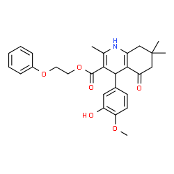 ChemSpider 2D Image | 2-Phenoxyethyl 4-(3-hydroxy-4-methoxyphenyl)-2,7,7-trimethyl-5-oxo-1,4,5,6,7,8-hexahydro-3-quinolinecarboxylate | C28H31NO6