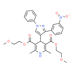ChemSpider 2D Image | Bis(2-methoxyethyl) 2,6-dimethyl-4-[3-(3-nitrophenyl)-1-phenyl-1H-pyrazol-4-yl]-1,4-dihydro-3,5-pyridinedicarboxylate | C30H32N4O8