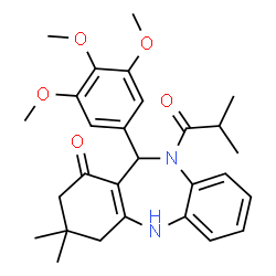 ChemSpider 2D Image | 10-Isobutyryl-3,3-dimethyl-11-(3,4,5-trimethoxyphenyl)-2,3,4,5,10,11-hexahydro-1H-dibenzo[b,e][1,4]diazepin-1-one | C28H34N2O5