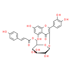 ChemSpider 2D Image | 2-(3,4-Dihydroxyphenyl)-5,7-dihydroxy-4-oxo-4H-chromen-3-yl 6-O-[(2E)-3-(4-hydroxyphenyl)-2-propenoyl]-beta-D-glucopyranoside | C30H26O14