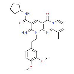 ChemSpider 2D Image | N-Cyclopentyl-1-[2-(3,4-dimethoxyphenyl)ethyl]-2-imino-10-methyl-5-oxo-1,5-dihydro-2H-dipyrido[1,2-a:2',3'-d]pyrimidine-3-carboxamide | C28H31N5O4