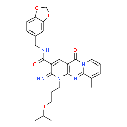 ChemSpider 2D Image | N-(1,3-Benzodioxol-5-ylmethyl)-2-imino-1-(3-isopropoxypropyl)-10-methyl-5-oxo-1,5-dihydro-2H-dipyrido[1,2-a:2',3'-d]pyrimidine-3-carboxamide | C27H29N5O5