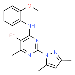 ChemSpider 2D Image | 4-pyrimidinamine, 5-bromo-2-(3,5-dimethyl-1H-pyrazol-1-yl)-N-(2-methoxyphenyl)-6-methyl- | C17H18BrN5O