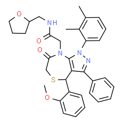 ChemSpider 2D Image | 2-[1-(2,3-Dimethylphenyl)-4-(2-methoxyphenyl)-7-oxo-3-phenyl-1,4,6,7-tetrahydro-8H-pyrazolo[3,4-e][1,4]thiazepin-8-yl]-N-(tetrahydro-2-furanylmethyl)acetamide | C34H36N4O4S