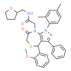 ChemSpider 2D Image | 2-[1-(2,4-Dimethylphenyl)-4-(2-methoxyphenyl)-7-oxo-3-phenyl-1,4,6,7-tetrahydro-8H-pyrazolo[3,4-e][1,4]thiazepin-8-yl]-N-(tetrahydro-2-furanylmethyl)acetamide | C34H36N4O4S