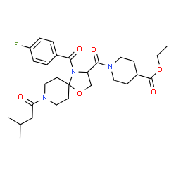 ChemSpider 2D Image | Ethyl 1-{[4-(4-fluorobenzoyl)-8-(3-methylbutanoyl)-1-oxa-4,8-diazaspiro[4.5]dec-3-yl]carbonyl}-4-piperidinecarboxylate | C28H38FN3O6