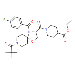 ChemSpider 2D Image | Ethyl 1-{[8-(2,2-dimethylpropanoyl)-4-(4-fluorobenzoyl)-1-oxa-4,8-diazaspiro[4.5]dec-3-yl]carbonyl}-4-piperidinecarboxylate | C28H38FN3O6