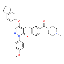 ChemSpider 2D Image | 5-(2,3-Dihydro-1H-inden-5-yloxy)-2-(4-methoxyphenyl)-4-({3-[(4-methyl-1-piperazinyl)carbonyl]phenyl}amino)-3(2H)-pyridazinone | C32H33N5O4