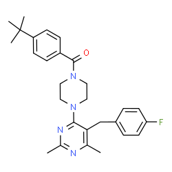 ChemSpider 2D Image | {4-[5-(4-Fluorobenzyl)-2,6-dimethyl-4-pyrimidinyl]-1-piperazinyl}[4-(2-methyl-2-propanyl)phenyl]methanone | C28H33FN4O
