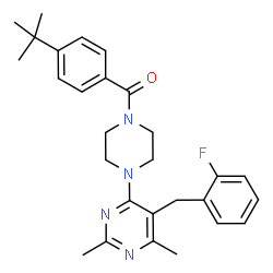 ChemSpider 2D Image | {4-[5-(2-Fluorobenzyl)-2,6-dimethyl-4-pyrimidinyl]-1-piperazinyl}[4-(2-methyl-2-propanyl)phenyl]methanone | C28H33FN4O