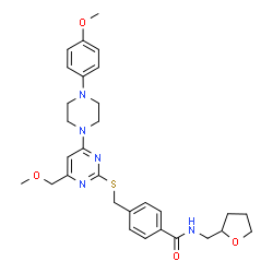 ChemSpider 2D Image | 4-[({4-(Methoxymethyl)-6-[4-(4-methoxyphenyl)-1-piperazinyl]-2-pyrimidinyl}sulfanyl)methyl]-N-(tetrahydro-2-furanylmethyl)benzamide | C30H37N5O4S