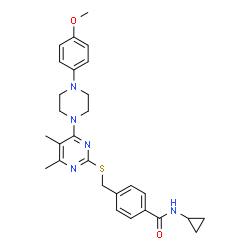 ChemSpider 2D Image | N-Cyclopropyl-4-[({4-[4-(4-methoxyphenyl)-1-piperazinyl]-5,6-dimethyl-2-pyrimidinyl}sulfanyl)methyl]benzamide | C28H33N5O2S