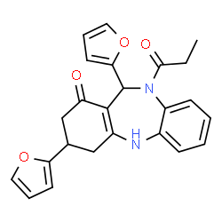ChemSpider 2D Image | 3,11-Di(2-furyl)-10-propionyl-2,3,4,5,10,11-hexahydro-1H-dibenzo[b,e][1,4]diazepin-1-one | C24H22N2O4