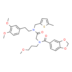 ChemSpider 2D Image | N-(2-{[2-(3,4-Dimethoxyphenyl)ethyl][(5-methyl-2-thienyl)methyl]amino}-2-oxoethyl)-N-(3-methoxypropyl)-1,3-benzodioxole-5-carboxamide | C30H36N2O7S
