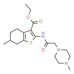 ChemSpider 2D Image | Ethyl 6-methyl-2-{[(4-methyl-1-piperazinyl)acetyl]amino}-4,5,6,7-tetrahydro-1-benzothiophene-3-carboxylate | C19H29N3O3S