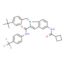 ChemSpider 2D Image | 5-[(Cyclobutylcarbonyl)amino]-1-[4-(2-methyl-2-propanyl)benzyl]-N-[4-(trifluoromethyl)phenyl]-1H-indole-2-carboxamide | C32H32F3N3O2