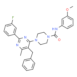 ChemSpider 2D Image | 4-[5-Benzyl-2-(3-fluorophenyl)-6-methyl-4-pyrimidinyl]-N-(3-methoxyphenyl)-1-piperazinecarboxamide | C30H30FN5O2