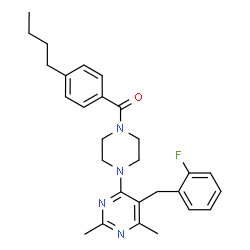 ChemSpider 2D Image | (4-Butylphenyl){4-[5-(2-fluorobenzyl)-2,6-dimethyl-4-pyrimidinyl]-1-piperazinyl}methanone | C28H33FN4O