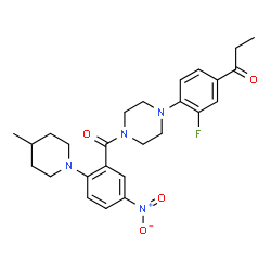 ChemSpider 2D Image | 1-(3-Fluoro-4-{4-[2-(4-methyl-1-piperidinyl)-5-nitrobenzoyl]-1-piperazinyl}phenyl)-1-propanone | C26H31FN4O4