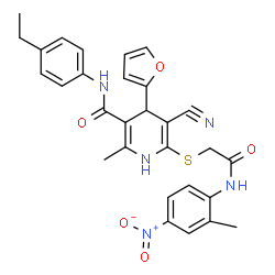 ChemSpider 2D Image | 5-Cyano-N-(4-ethylphenyl)-4-(2-furyl)-2-methyl-6-({2-[(2-methyl-4-nitrophenyl)amino]-2-oxoethyl}sulfanyl)-1,4-dihydro-3-pyridinecarboxamide | C29H27N5O5S