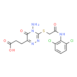 ChemSpider 2D Image | 3-[4-Amino-3-({2-[(2,6-dichlorophenyl)amino]-2-oxoethyl}sulfanyl)-5-oxo-4,5-dihydro-1,2,4-triazin-6-yl]propanoic acid | C14H13Cl2N5O4S