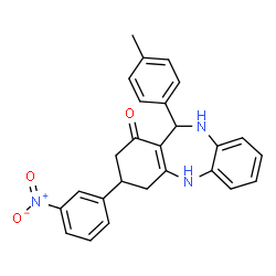 ChemSpider 2D Image | 11-(4-Methylphenyl)-3-(3-nitrophenyl)-2,3,4,5,10,11-hexahydro-1H-dibenzo[b,e][1,4]diazepin-1-one | C26H23N3O3