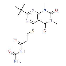 ChemSpider 2D Image | N-Carbamoyl-3-{[6,8-dimethyl-2-(2-methyl-2-propanyl)-5,7-dioxo-5,6,7,8-tetrahydropyrimido[4,5-d]pyrimidin-4-yl]sulfanyl}propanamide | C16H22N6O4S
