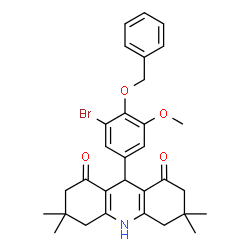 ChemSpider 2D Image | 9-[4-(Benzyloxy)-3-bromo-5-methoxyphenyl]-3,3,6,6-tetramethyl-3,4,6,7,9,10-hexahydro-1,8(2H,5H)-acridinedione | C31H34BrNO4