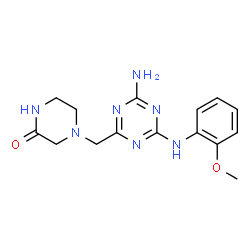 ChemSpider 2D Image | 4-({4-Amino-6-[(2-methoxyphenyl)amino]-1,3,5-triazin-2-yl}methyl)-2-piperazinone | C15H19N7O2
