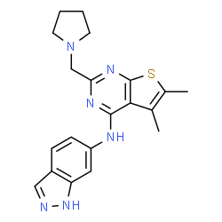 ChemSpider 2D Image | N-(1H-Indazol-6-yl)-5,6-dimethyl-2-(1-pyrrolidinylmethyl)thieno[2,3-d]pyrimidin-4-amine | C20H22N6S