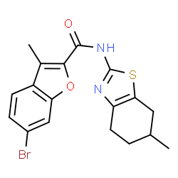 ChemSpider 2D Image | 6-Bromo-3-methyl-N-(6-methyl-4,5,6,7-tetrahydro-1,3-benzothiazol-2-yl)-1-benzofuran-2-carboxamide | C18H17BrN2O2S