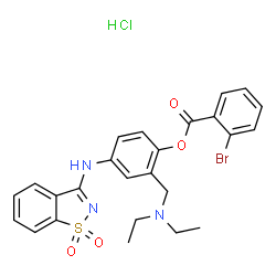 ChemSpider 2D Image | 2-[(Diethylamino)methyl]-4-[(1,1-dioxido-1,2-benzothiazol-3-yl)amino]phenyl 2-bromobenzoate hydrochloride (1:1) | C25H25BrClN3O4S