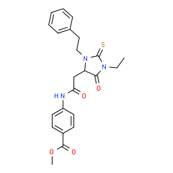 ChemSpider 2D Image | Methyl 4-({[1-ethyl-5-oxo-3-(2-phenylethyl)-2-thioxo-4-imidazolidinyl]acetyl}amino)benzoate | C23H25N3O4S