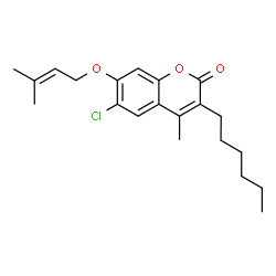 ChemSpider 2D Image | 6-Chloro-3-hexyl-4-methyl-7-[(3-methyl-2-buten-1-yl)oxy]-2H-chromen-2-one | C21H27ClO3