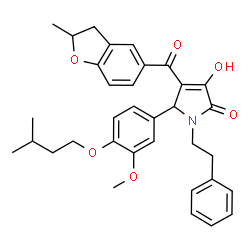 ChemSpider 2D Image | 3-Hydroxy-5-[3-methoxy-4-(3-methylbutoxy)phenyl]-4-[(2-methyl-2,3-dihydro-1-benzofuran-5-yl)carbonyl]-1-(2-phenylethyl)-1,5-dihydro-2H-pyrrol-2-one | C34H37NO6