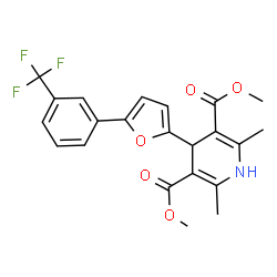 ChemSpider 2D Image | Dimethyl 2,6-dimethyl-4-{5-[3-(trifluoromethyl)phenyl]-2-furyl}-1,4-dihydro-3,5-pyridinedicarboxylate | C22H20F3NO5