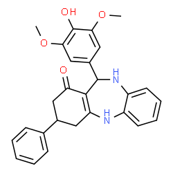 ChemSpider 2D Image | 11-(4-Hydroxy-3,5-dimethoxyphenyl)-3-phenyl-2,3,4,5,10,11-hexahydro-1H-dibenzo[b,e][1,4]diazepin-1-one | C27H26N2O4