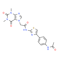 ChemSpider 2D Image | N-[4-(4-Acetamidophenyl)-1,3-thiazol-2-yl]-2-(1,3-dimethyl-2,6-dioxo-1,2,3,6-tetrahydro-7H-purin-7-yl)acetamide | C20H19N7O4S